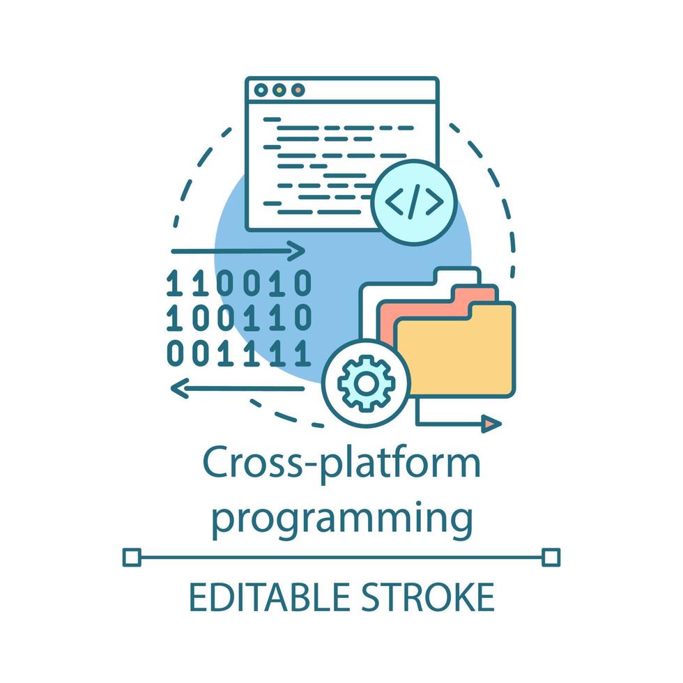 ícone de conceito de programação de plataforma cruzada. desenvolvimento de programas, ilustração de linha fina de ideia de negócio de engenharia de software. tecnologia do computador. desenho de contorno isolado de vetor. traço editável vetor