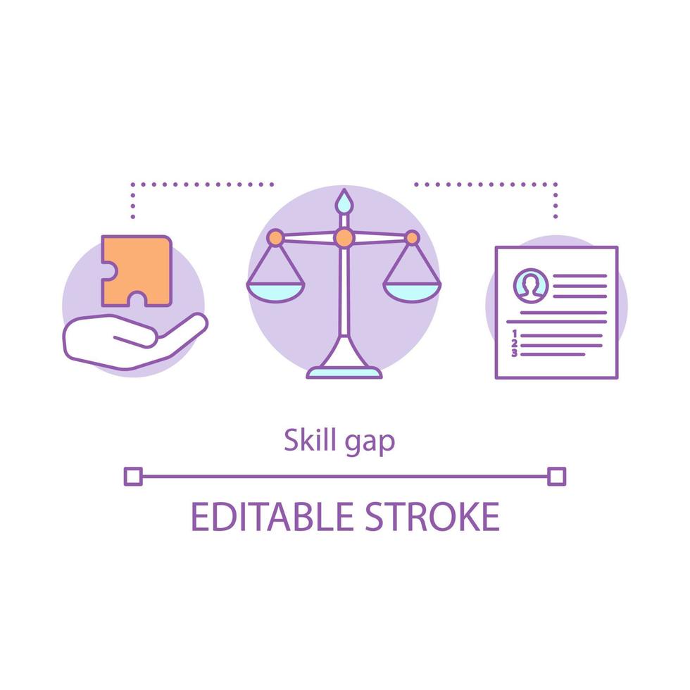 ícone do conceito de lacuna de habilidade. cv versus ilustração de linha fina de ideia de experiência. escolhendo o desenho isolado do vetor de oportunidade. tomada de decisão dificuldade de emprego, falta de conhecimento. traço editável
