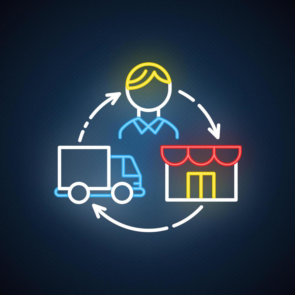 ícone de luz neon de dropshipping. transporte da gota. pedido e entrega do produto ao cliente. transporte de mercadorias. sinal brilhante com alfabeto, números e símbolos. ilustração vetorial isolada vetor