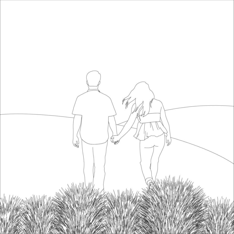 lindo casal no parque, ilustração de contorno de personagem de casal em fundo branco, ilustração vetorial para projetos de dia dos namorados. vetor