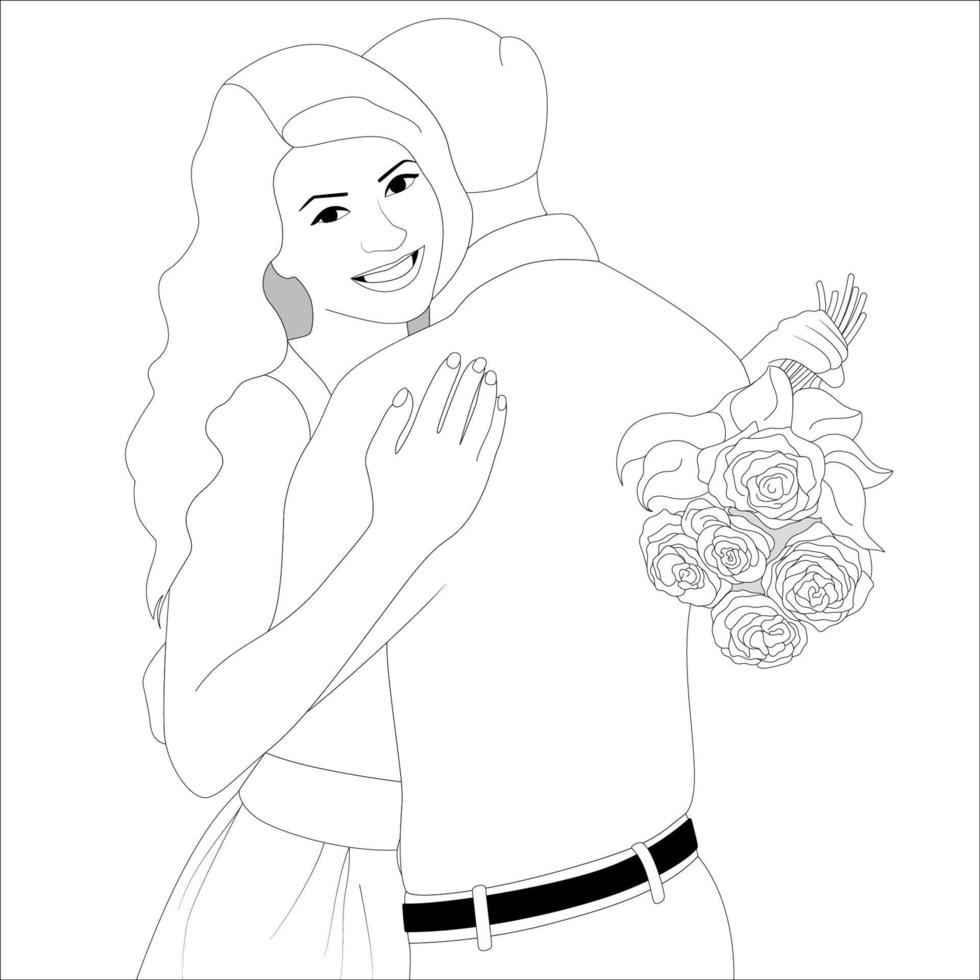 casal jovem fofo abraça com flores rosas, ilustração de contorno de personagem de casal em fundo branco, ilustração vetorial para projetos de dia dos namorados. vetor