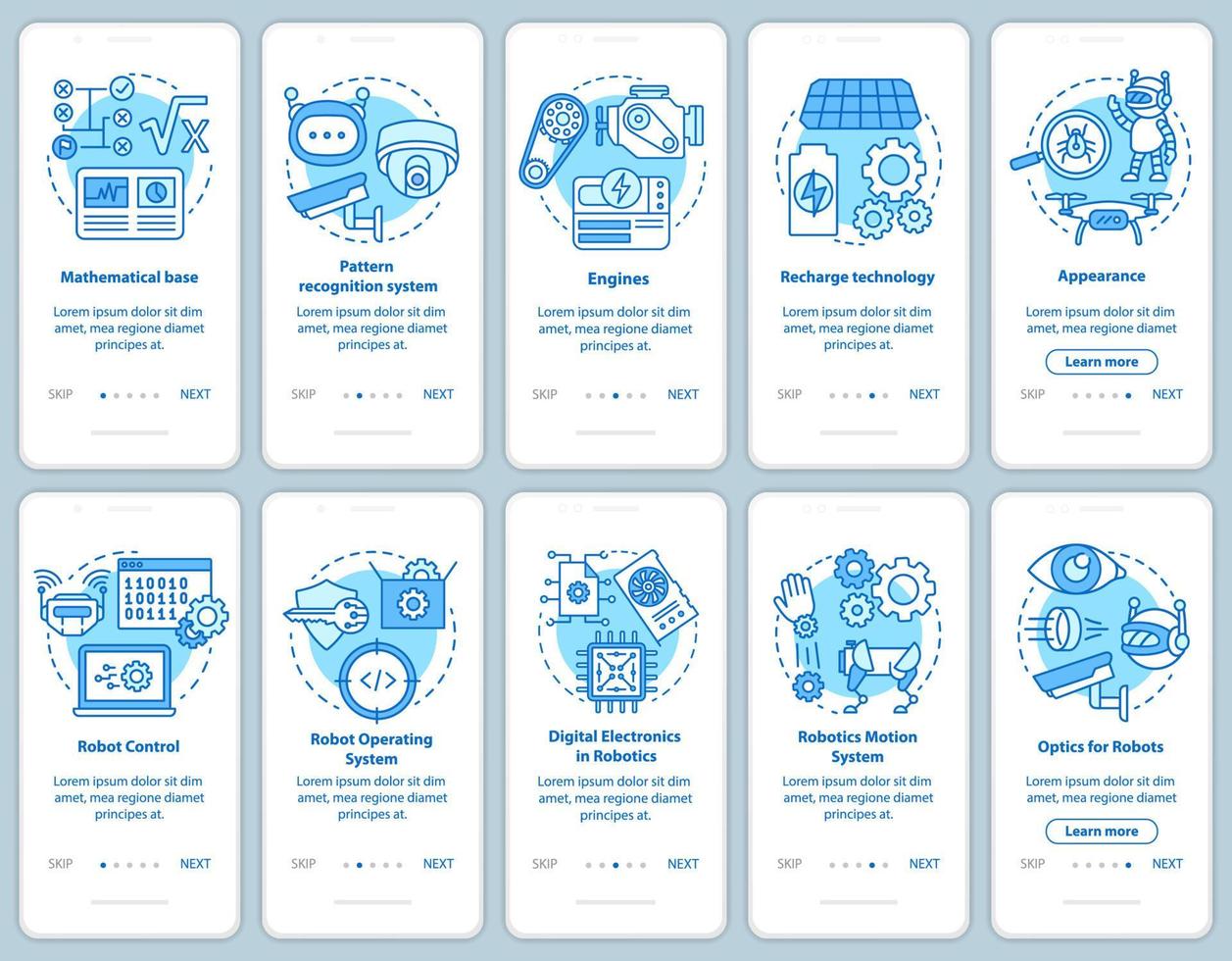 cursos de robótica integrando o conjunto de modelos de vetor de tela de página de aplicativo móvel. seções de engenharia de robôs. Passo a passo do site com ilustrações lineares. ux, ui, gui conceito de interface de smartphone