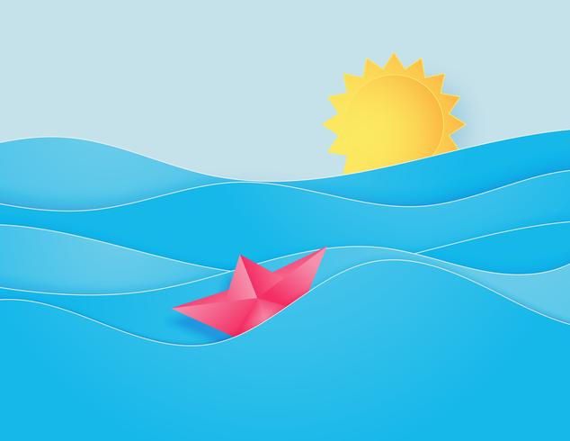 A onda de água do oceano com origami fez o barco de navigação que flutua no estilo do corte do papel do mar e do sol. vetor