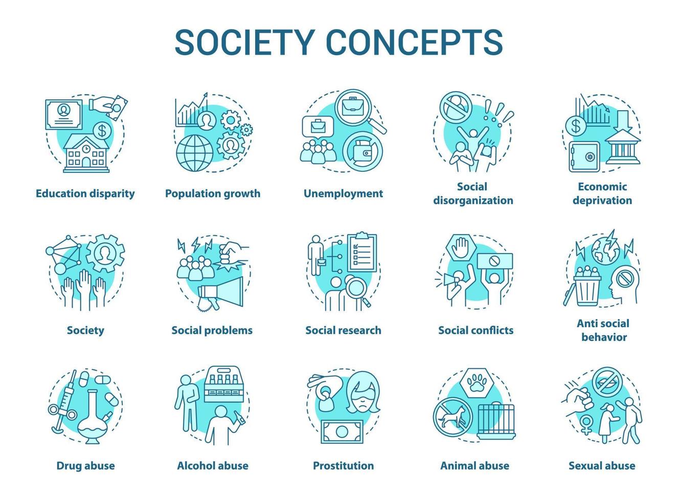 conjunto de ícones do conceito de sociedade. problemas sociais, ilustração de linha fina de ideia de problemas comportamentais. violência e abuso, desemprego, crimes. conflitos sociais. desenho de contorno isolado do vetor. curso editável vetor