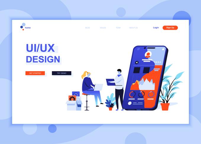 O conceito moderno do molde do projeto do página da web do plano de UX, UI projeta o caráter decorado dos povos para o Web site e o desenvolvimento móvel do Web site. Modelo de página de destino plana. Ilustração vetorial vetor