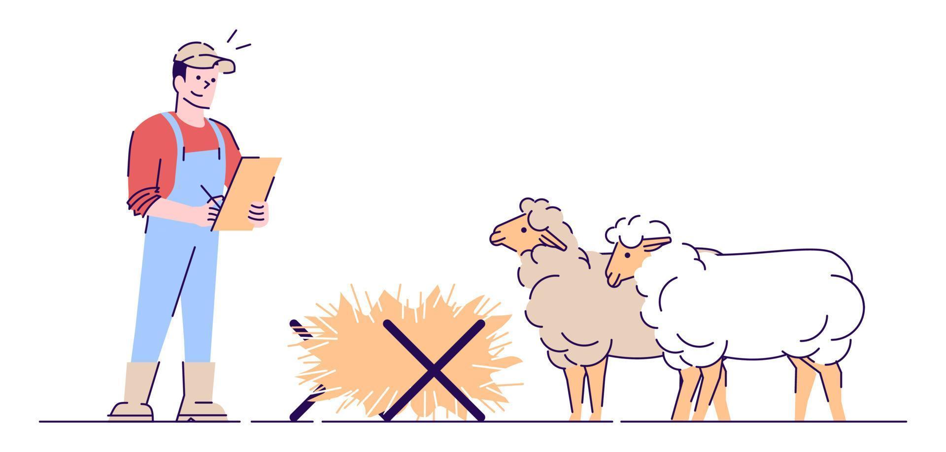ilustração em vetor plana de criação de ovelhas. agricultura pecuária, conceito isolado de pecuária. criação de ovelhas. agricultor masculino tomando notas personagem de desenho animado com contorno. alimentação e nutrição animal