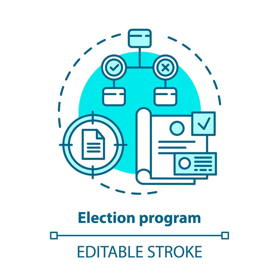 ícone do conceito de eleições. ilustração de linha fina de ideia de programa eleitoral. votação, referendo, opinião pública e escolha. apresentar novas idéias. desenho de contorno isolado do vetor. curso editável vetor