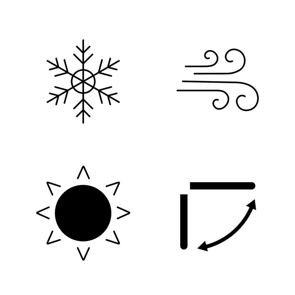 conjunto de ícones de glifo de ar condicionado. floco de neve, fluxo de ar, sol, grelhas de ar condicionado. símbolos de silhueta. ilustração vetorial isolada vetor