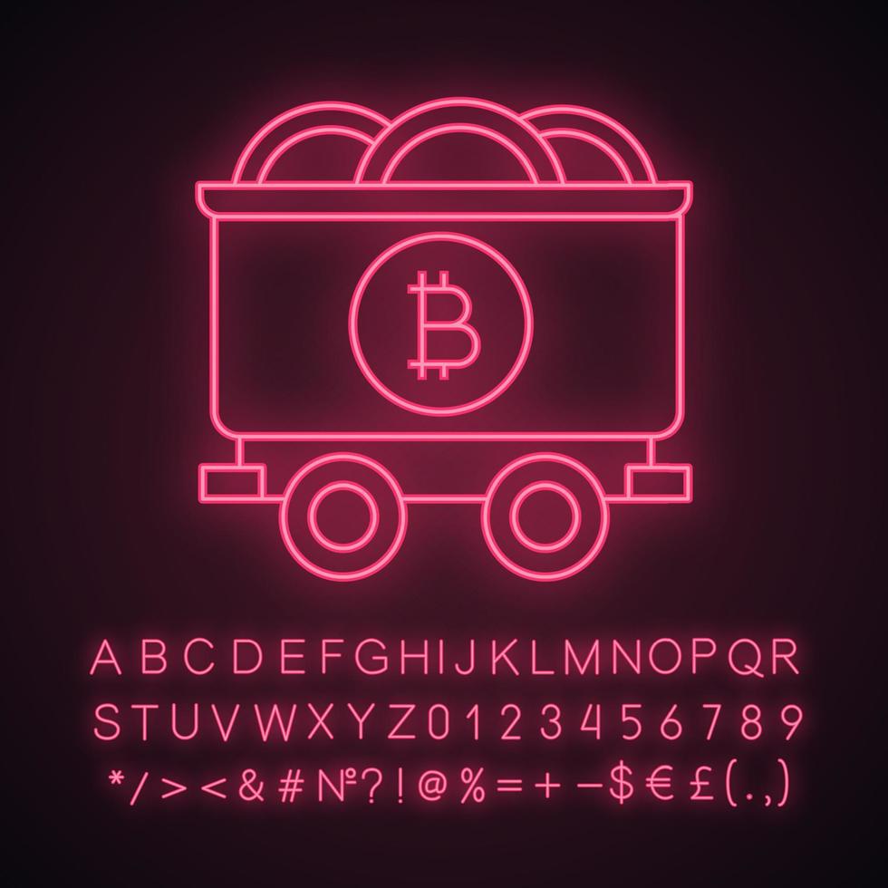 ícone de luz neon de negócios de mineração bitcoin. carrinho de mina com moedas bitcoin. criptomoeda. sinal brilhante com alfabeto, números e símbolos. ilustração vetorial isolada vetor