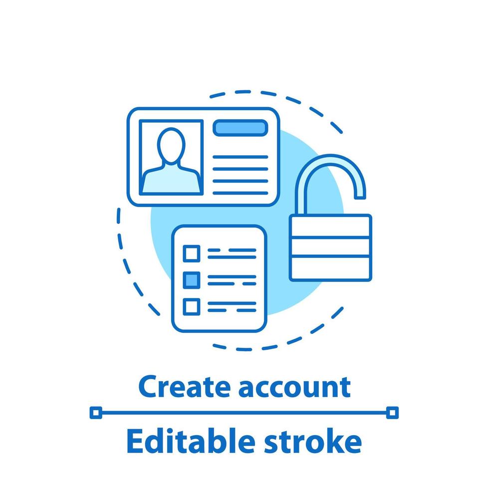 ícone do conceito de criação de conta. ilustração de linha fina de ideia de perfil de usuário. inscrever-se. autorização. desenho de contorno isolado de vetor. traço editável vetor