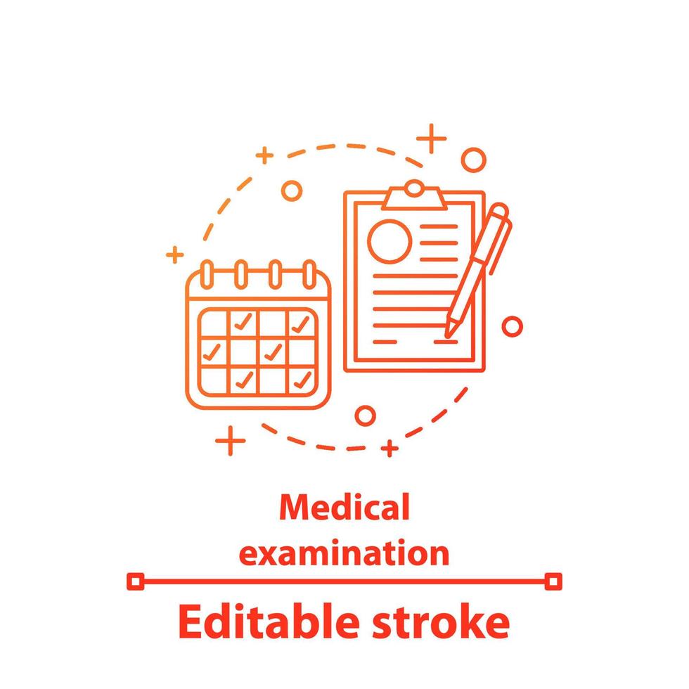 ícone do conceito de exame médico. calendário. ilustração de linha fina de ideia de relatório de diagnóstico. organizador, agenda. desenho de contorno isolado de vetor. traço editável vetor