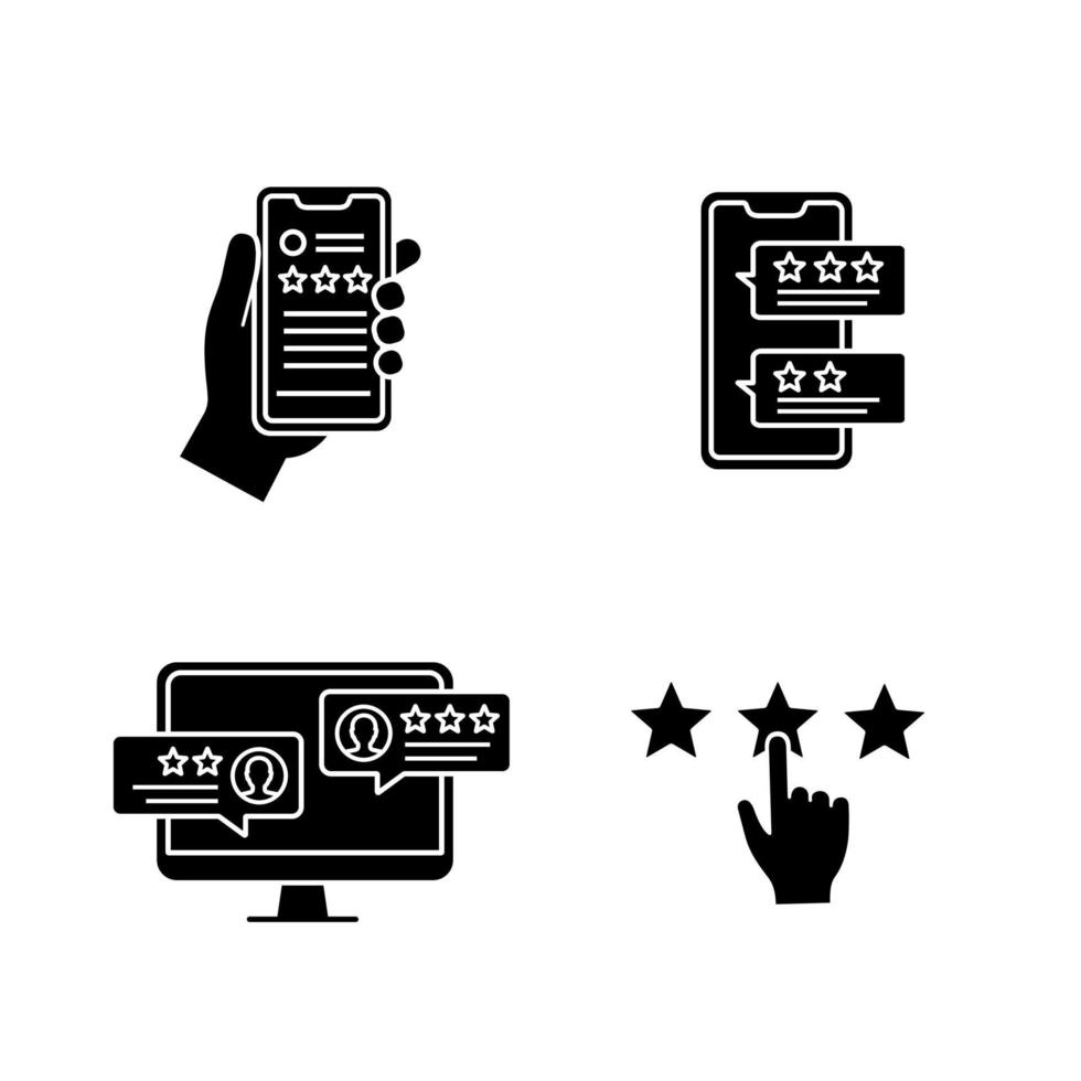 conjunto de ícones de glifo de classificação. revisão do cliente, feedback, classificação do aplicativo, escala. símbolos de silhueta. ilustração vetorial isolada vetor