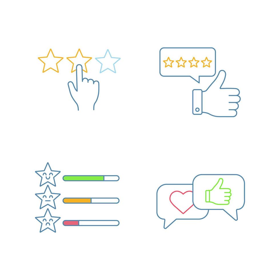 conjunto de ícones de cor de classificação. revisão, cinco estrelas, escala de feedback, comentários de mídia social e curtidas. ilustrações vetoriais isoladas vetor