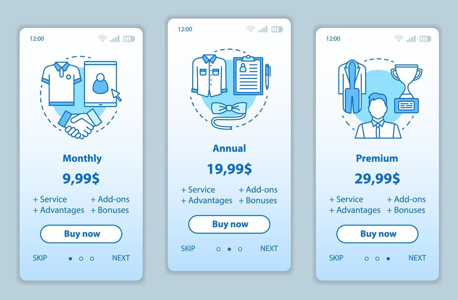 modelo de telas de aplicativos para dispositivos móveis de estilista para homens, preços de serviços. passo a passo nas páginas do site. descontos em compras. etapas dos planos tarifários. layout de página da web de pagamento de smartphone vetor