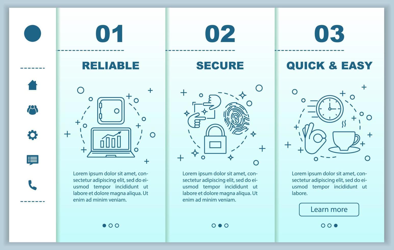 modelo de páginas da web móvel de integração de serviços digitais. softwares de negócios. segurança, lançamento rápido e fácil, serviço confiável. interface de site de smartphone responsivo. telas passo a passo da página da web vetor