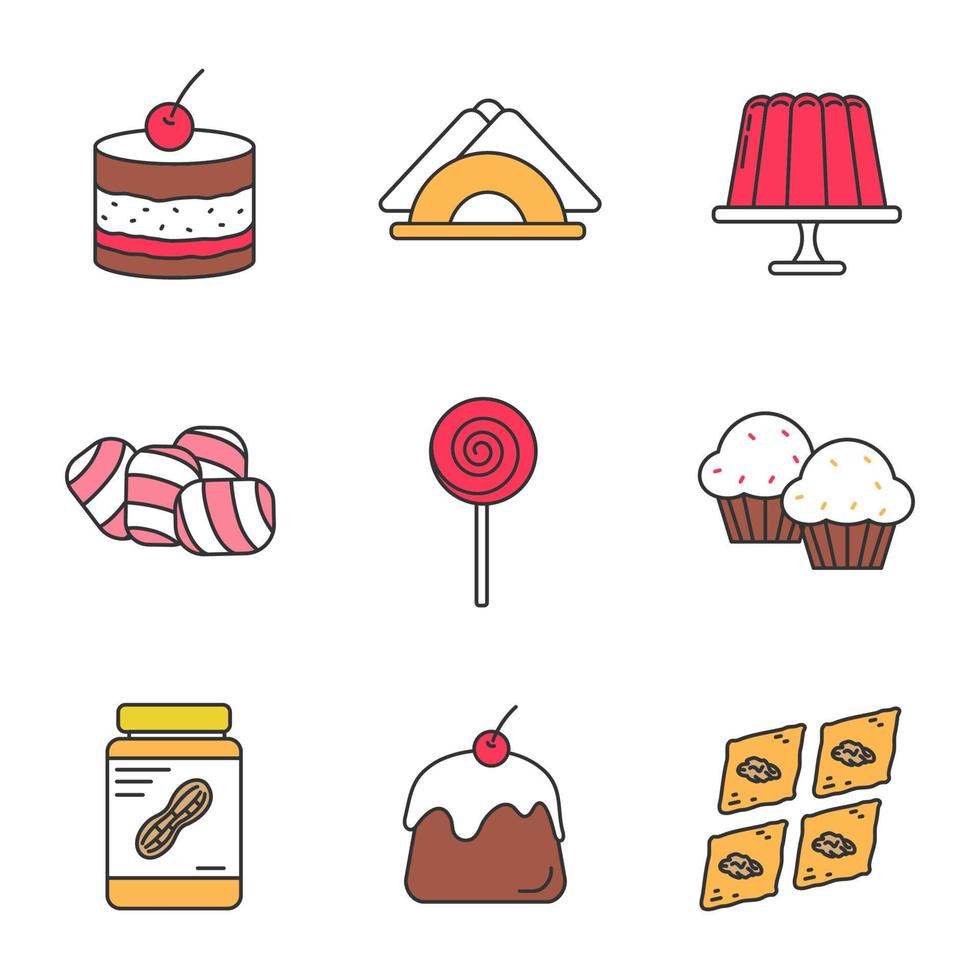 conjunto de ícones de cores de confeitaria. tiramisu, pudim de geleia, guardanapos de mesa, marshmallow, pirulito, cupcakes, manteiga de amendoim, panna cotta, baklava. ilustrações vetoriais isoladas vetor