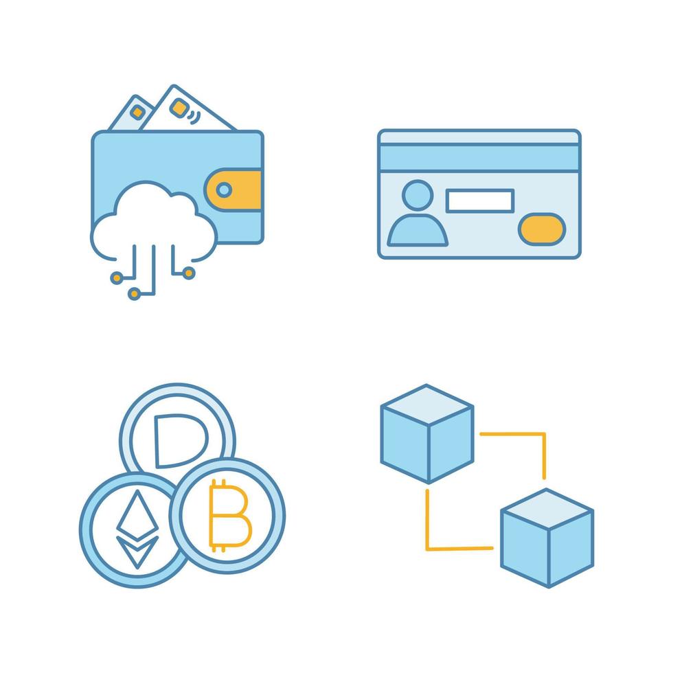 conjunto de ícones de cores de pagamento eletrônico. carteira eletrônica, cartão de crédito, criptomoeda, blockchain. ilustrações vetoriais isoladas vetor