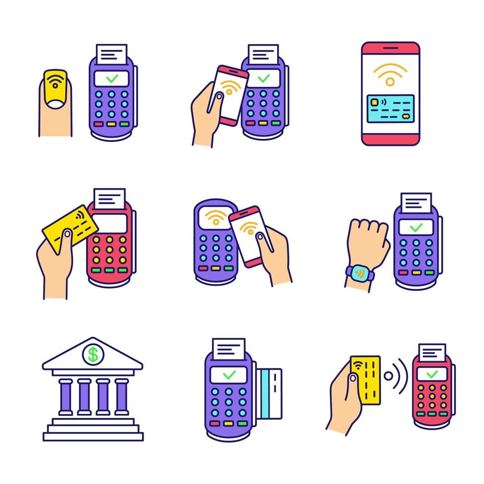 Conjunto de ícones de cores de pagamento nfc. pague com smartphone e cartão de crédito, banco online, terminal pos, smartwatch nfc e manicure. ilustrações vetoriais isoladas vetor