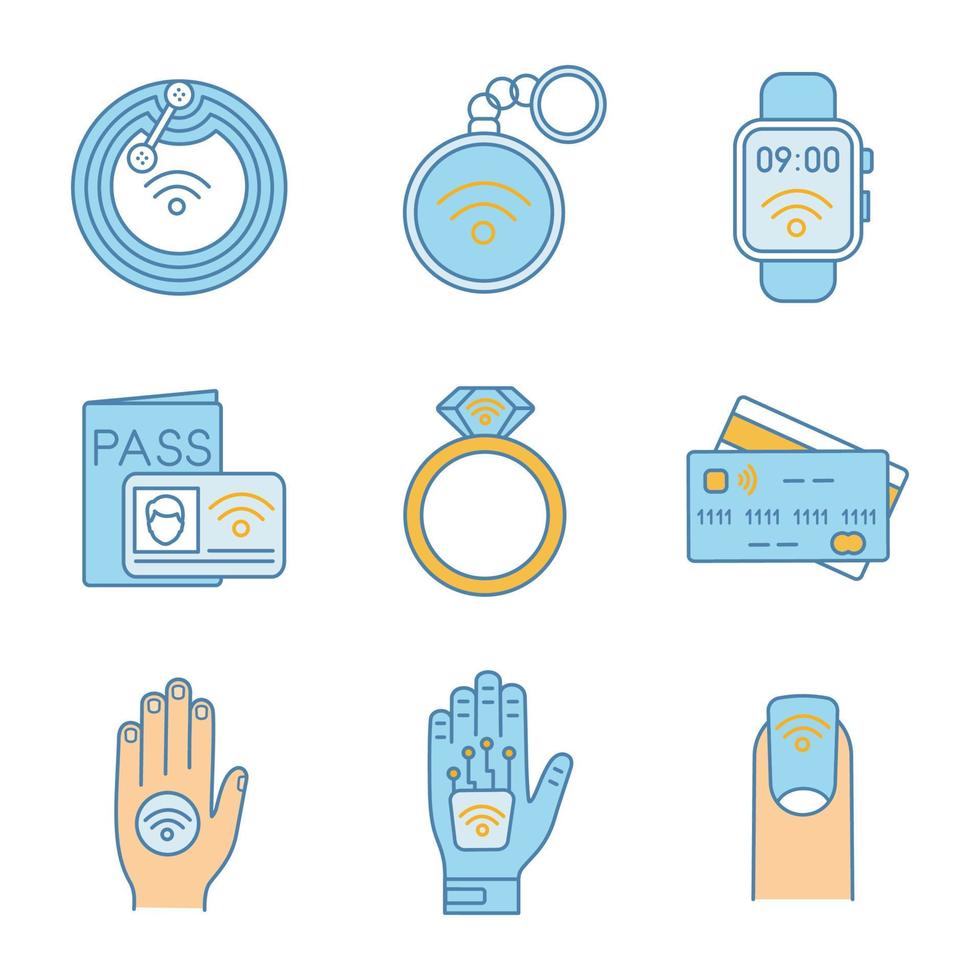 Conjunto de ícones de cores de tecnologia nfc. chip de campo próximo, bugiganga, smartwatch, sistema de identificação, anel, cartão de crédito, adesivo, implante de mão, manicure. ilustrações vetoriais isoladas vetor