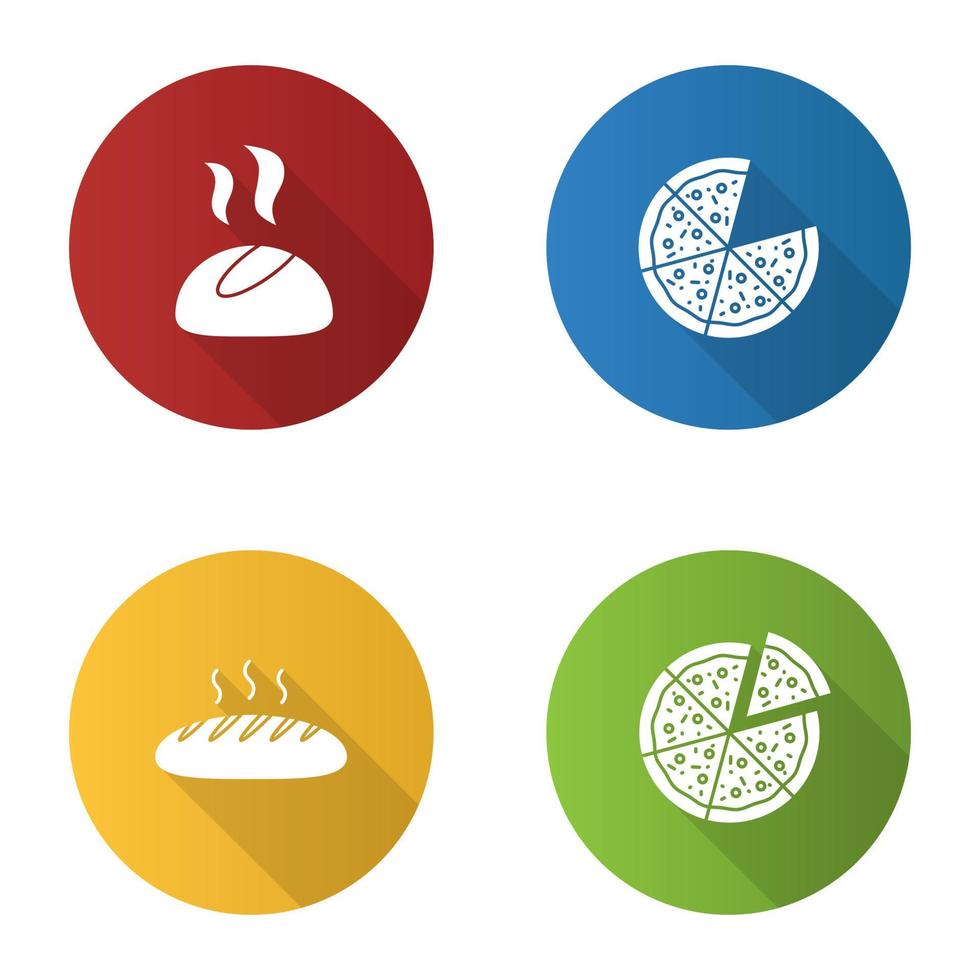 conjunto de ícones de glifo de design plano de padaria longa sombra. rolo de jantar, pão de forma, pizza fatiada. ilustração em vetor silhueta