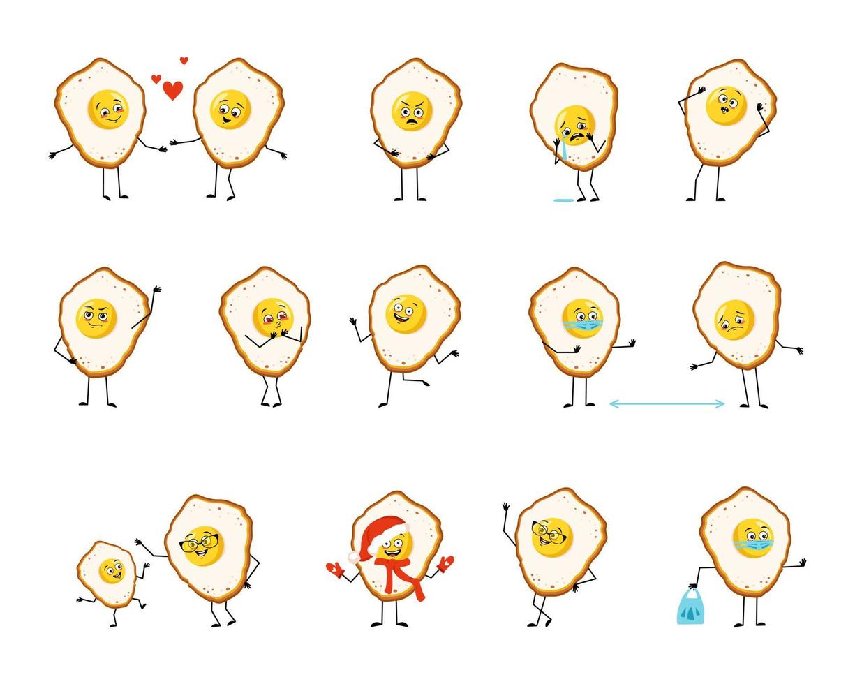 personagem fofo ovo mexido com gema e proteína com emoção feliz ou triste, pânico, rosto amoroso ou corajoso, mãos e pernas. pessoa divertida de café da manhã com máscara, óculos ou chapéu. ilustração vetorial plana vetor