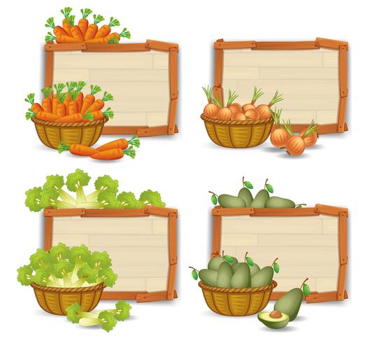 Conjunto de vegetais orgânicos na placa de madeira vetor