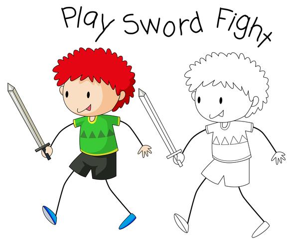 Doodle menino brincar de espada vetor