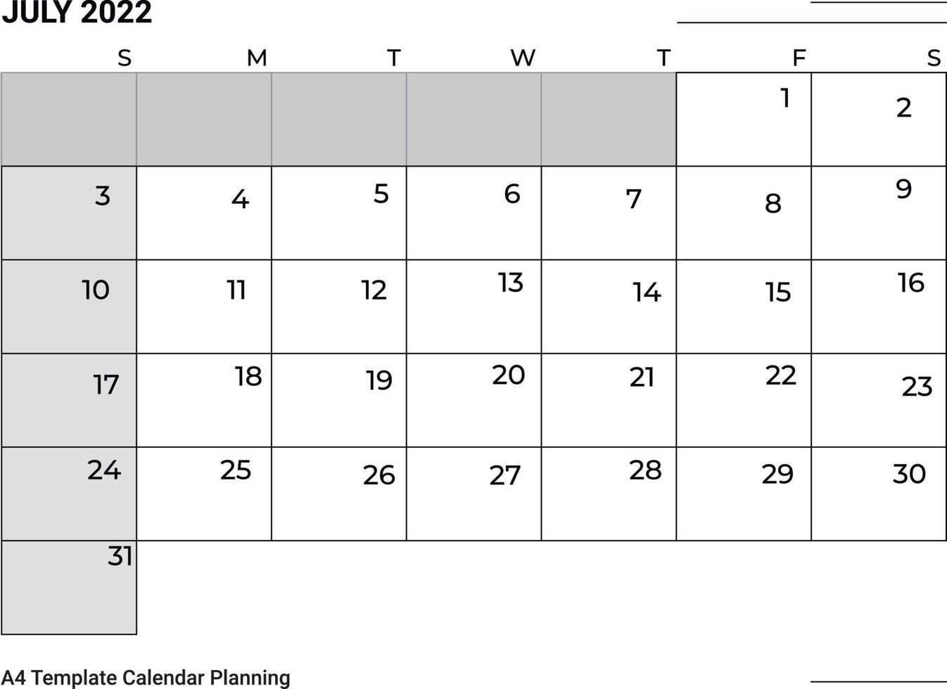 calendário de planejamento de julho de 2022 vetor