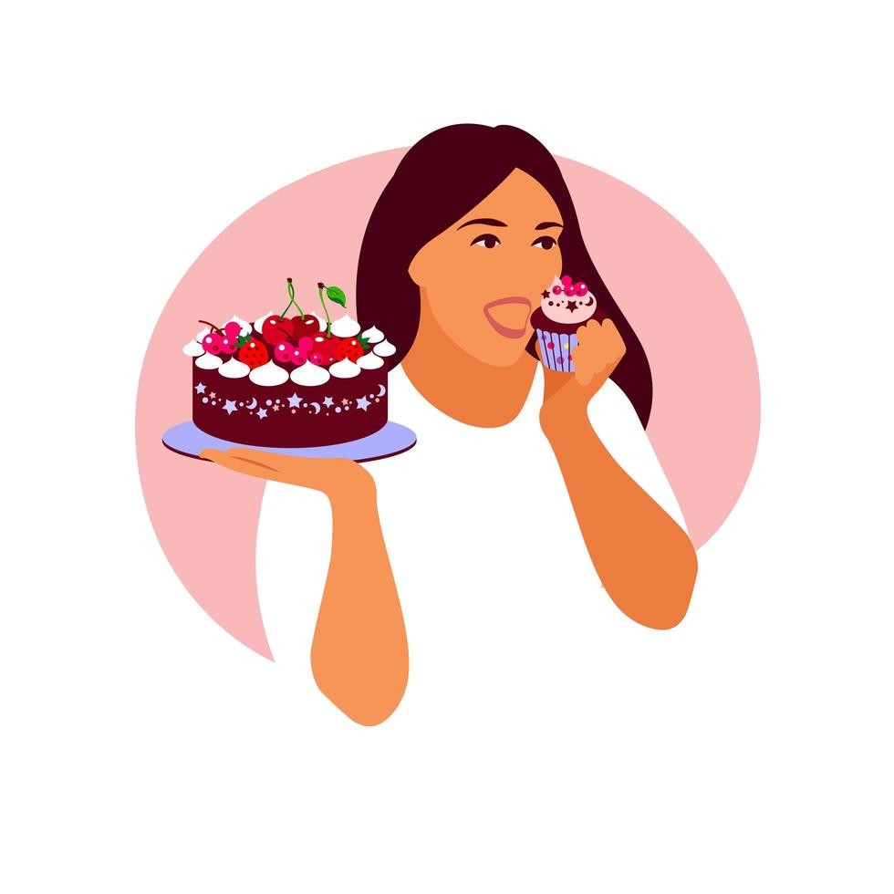 mulher feliz vai comer um bolinho delicioso. ilustração em vetor plana dos desenhos animados isolada na luz de fundo.