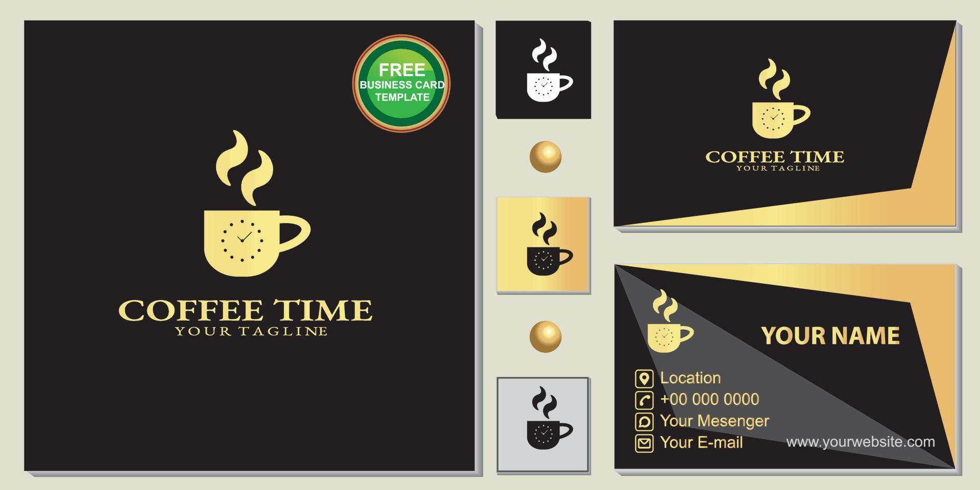 logotipo de café de relógio de ouro de luxo, preto simples, modelo de cartão de visita premium gratuito vetor eps 10