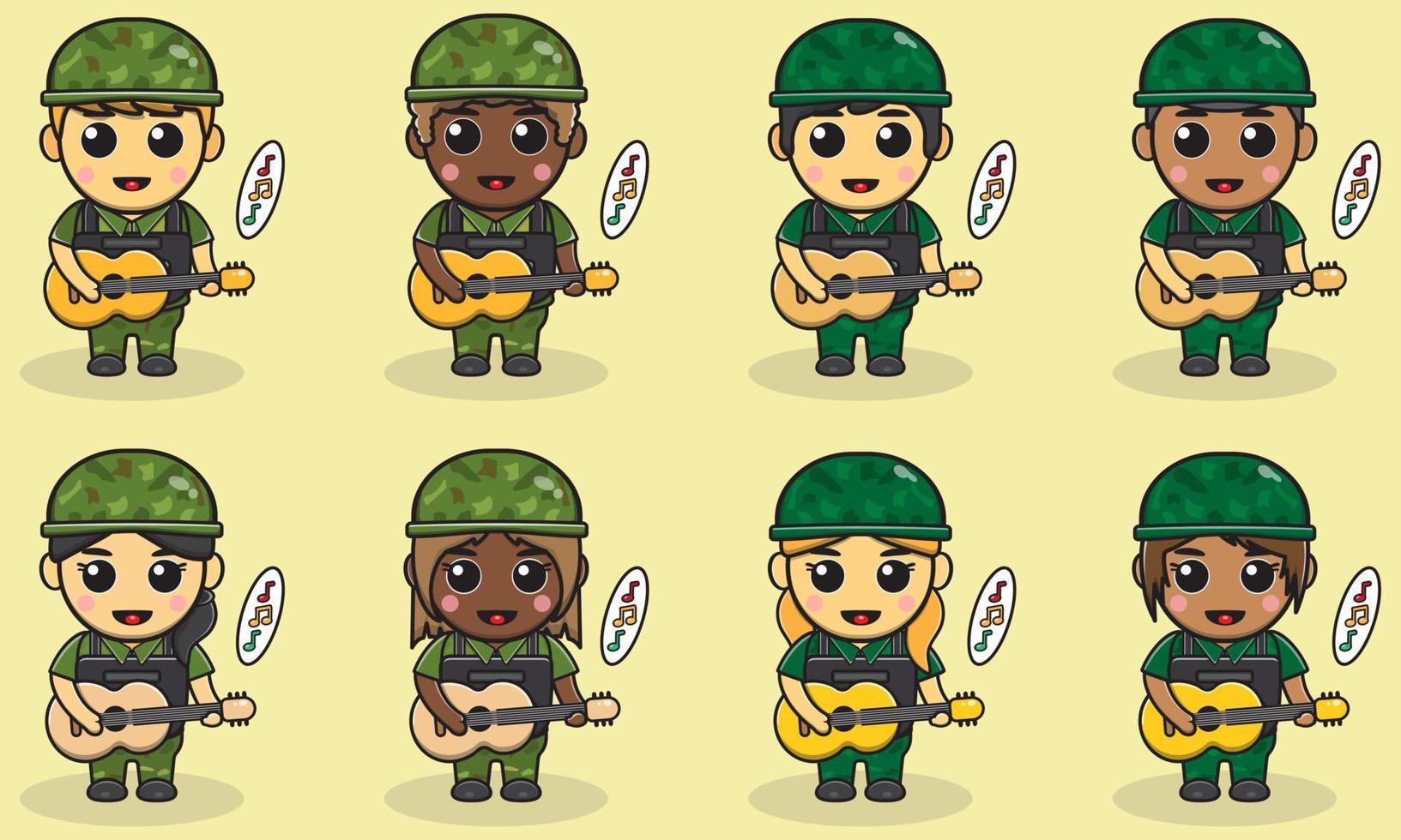 desenhos animados de ilustração vetorial de bonito soldado tocando guitarra. vetor