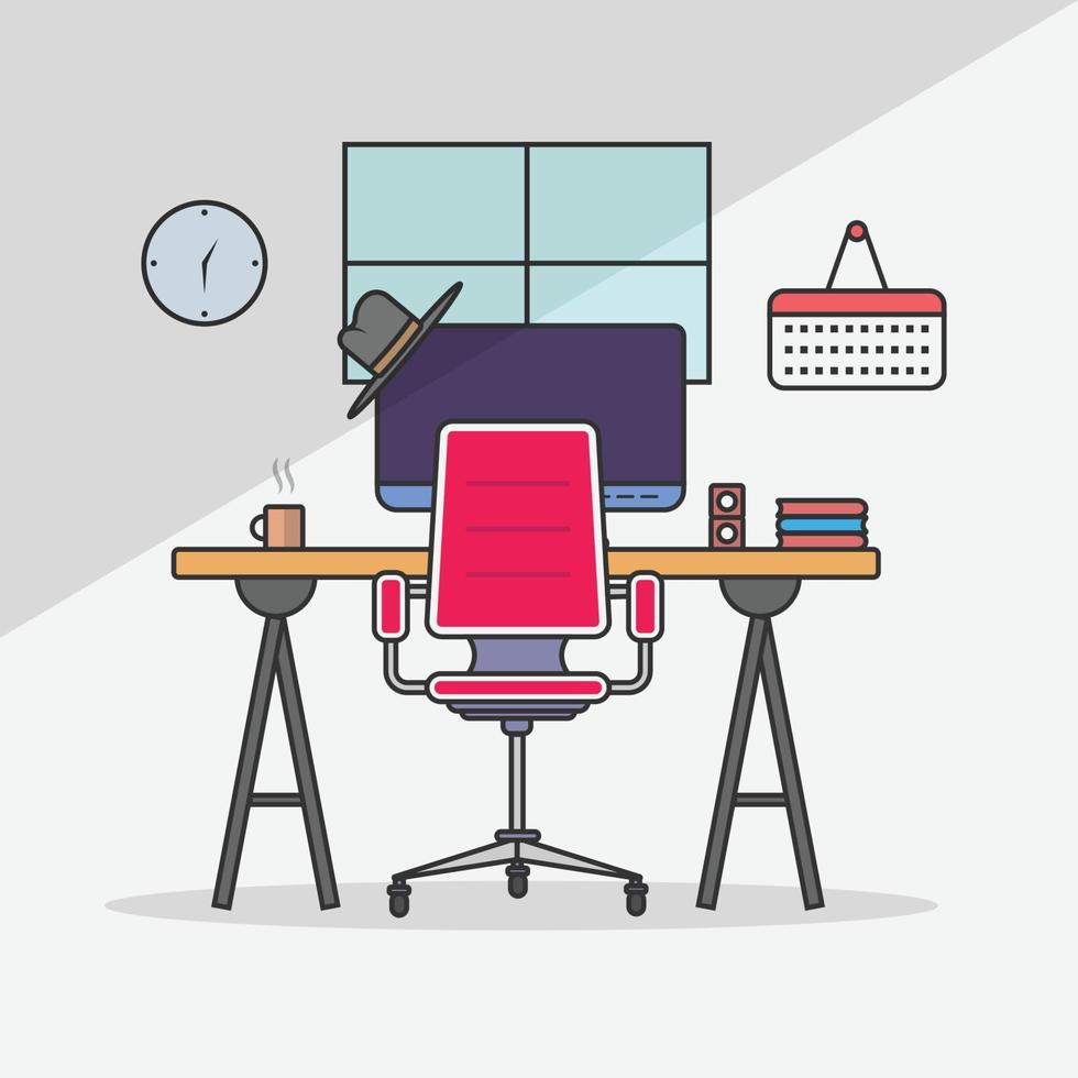 ilustração em vetor design plano do interior do escritório moderno com área de trabalho de designer mostrando aplicativo de design com ícones de interface e elementos em estilo minimalista e cor