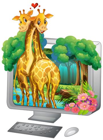 Tela computador, com, dois, girafa, abraçando vetor