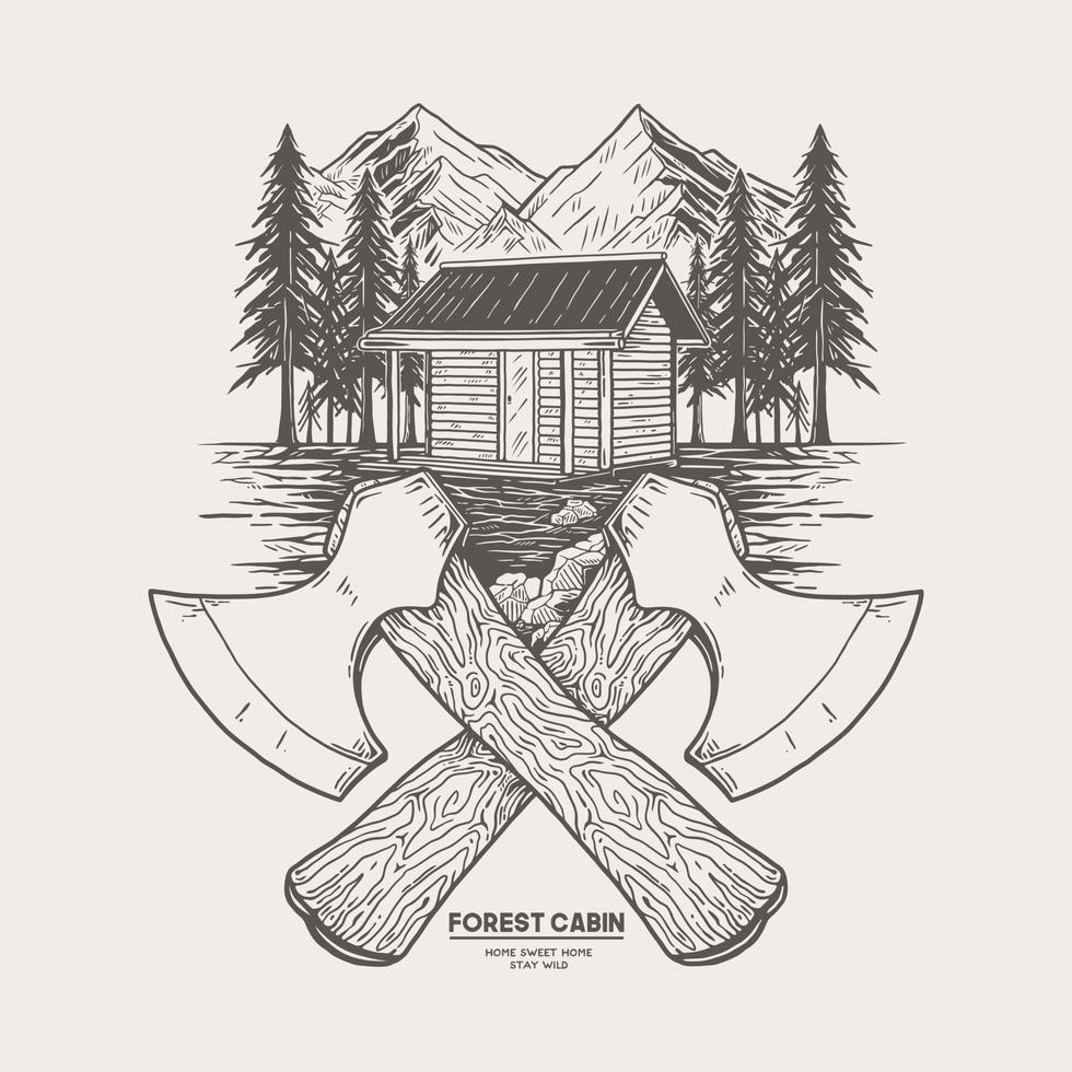 casa com pinheiros, montanha e símbolo de machado cruzado, vetor premium
