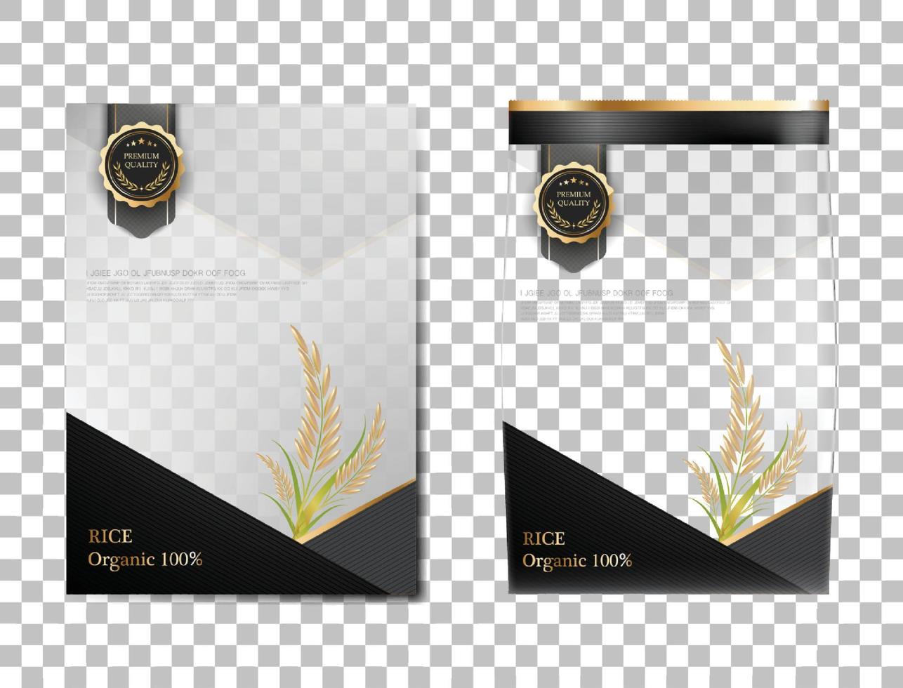 pacote de arroz produtos alimentícios da tailândia, banner de ouro preto e arroz de design vetorial de modelo de pôster. vetor