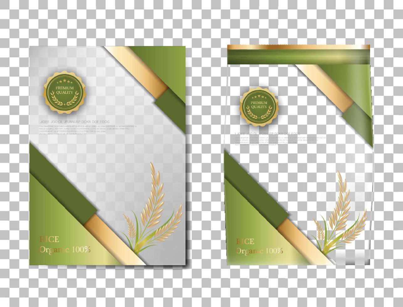 pacote de arroz produtos alimentícios da tailândia, banner de ouro verde e arroz de design vetorial de modelo de pôster. vetor