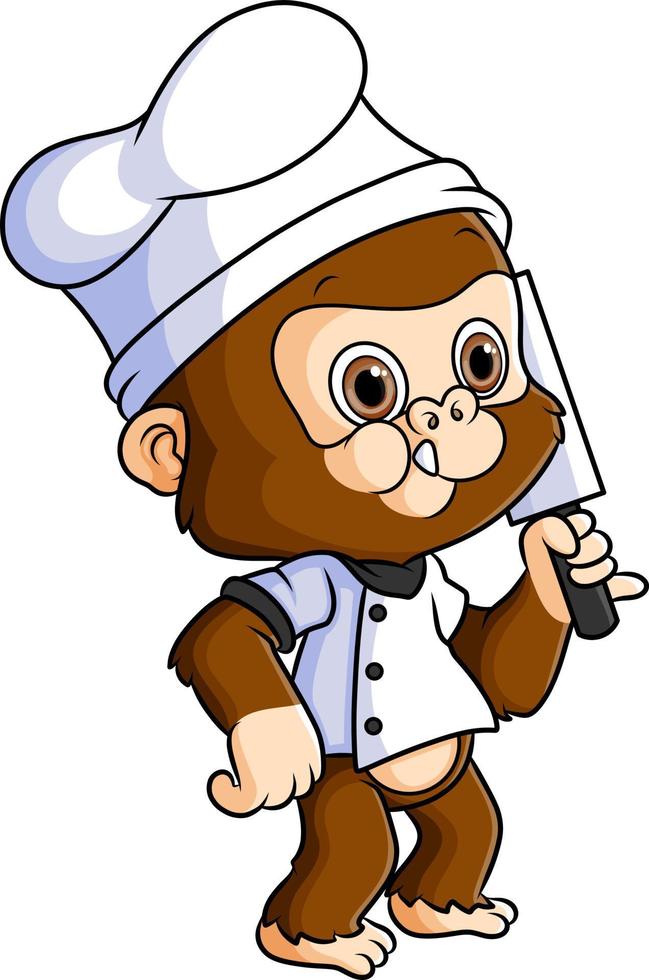 o macaco chef com a faca de carne está de pé na cozinha vetor