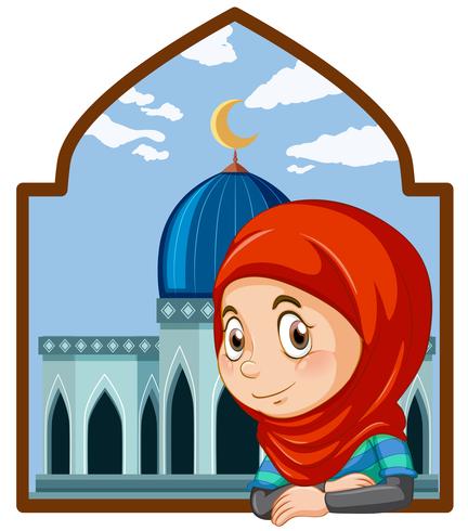 Um, cute, muçulmano, menina, com, mesquita vetor