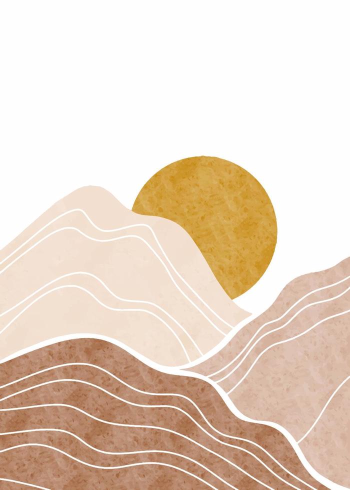 paisagens de fundo abstrato. decoração de parede boho. arte minimalista moderna de meados do século para decoração de parede, cartão postal ou ilustração design.vector de brochura. vetor