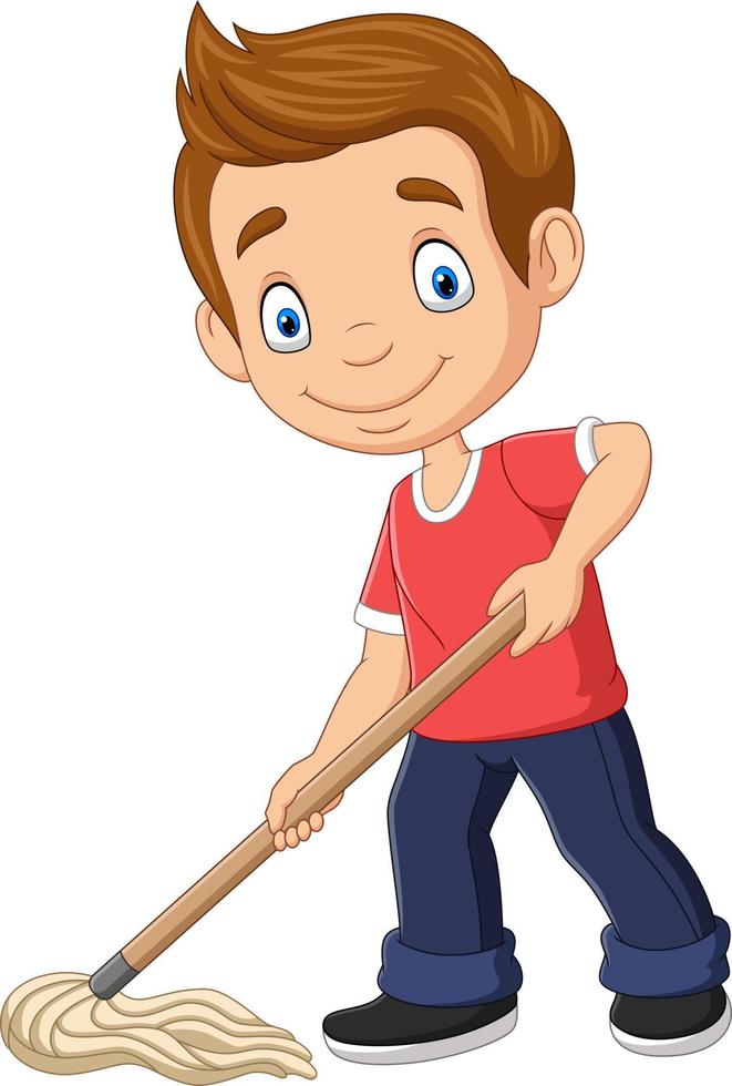 desenho animado garotinho limpando o chão vetor