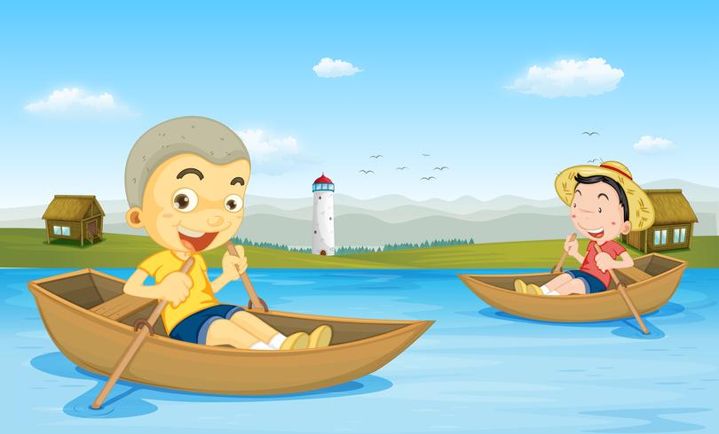 Dois meninos, barco remando, em, a, lago vetor