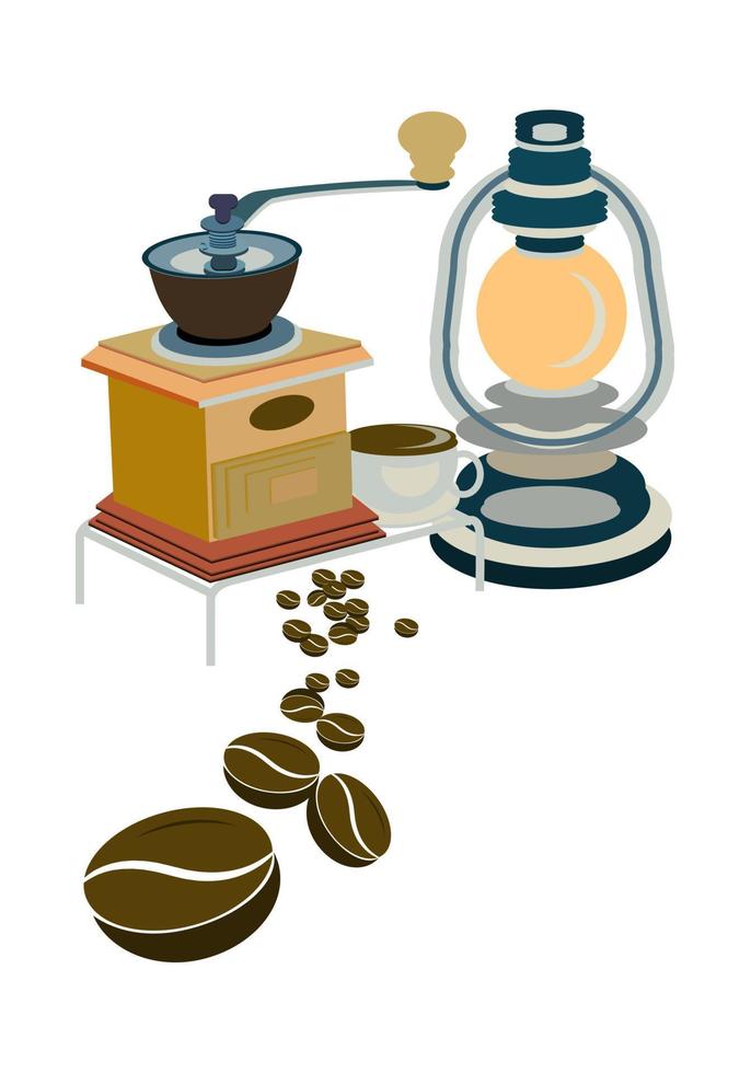 café, moedores de café antigos, lâmpadas, vetor