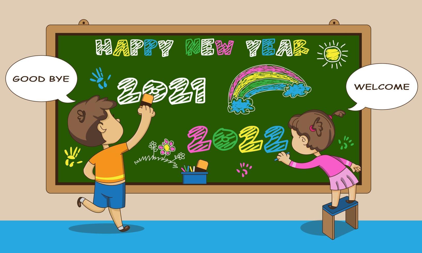 2 crianças estão escrevendo feliz ano novo usando giz no quadro-negro. gráficos de ilustração vetorial. ótimo para usar para capas, papéis de parede e cartões de felicitações de ano novo para parentes próximos. vetor