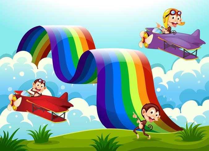 Um avião vermelho e violeta com macacos voando perto do arco-íris vetor