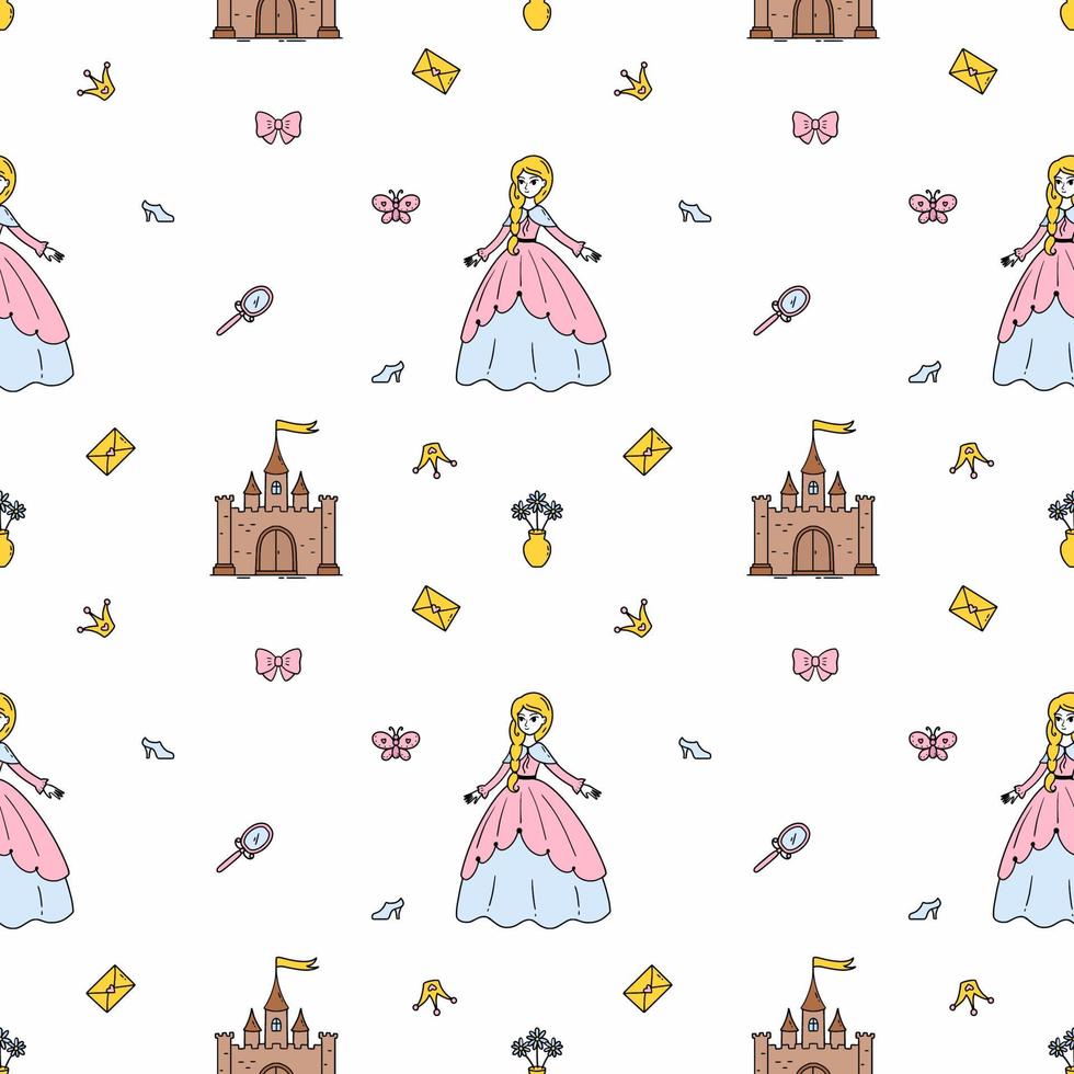 princesa e castelo. sem costura padrão para costurar roupas de menina. berçário de fundo. papel de parede rosa para tecido de impressão e papel de embrulho. vetor