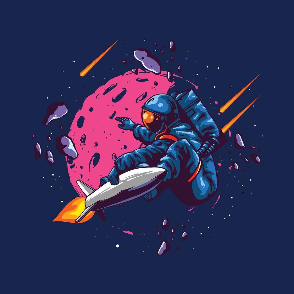 astronauta com ilustração de foguete para design de camiseta vetor