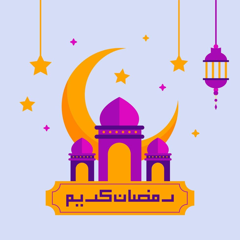 bela ilustração vetorial ramadan kareem o cartão de felicitações de festa muçulmana do mês sagrado com lanterna, lua crescente, mesquita e caligrafia árabe. vetor de estilo de página de destino plana.