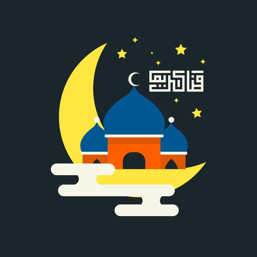 bela ilustração vetorial ramadan kareem o cartão de felicitações de festa muçulmana do mês sagrado com lanterna, lua crescente, mesquita e caligrafia árabe. vetor de estilo de página de destino plana.