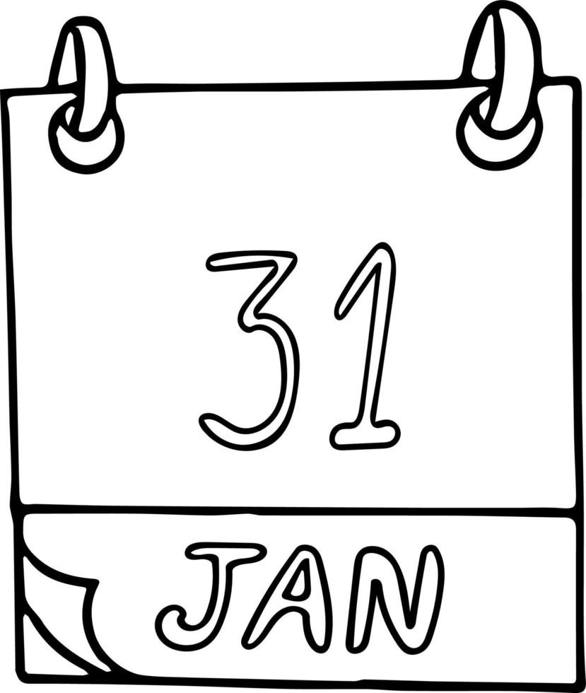 calendário desenhado à mão em estilo doodle. 31 de janeiro. dia internacional sem internet, data. ícone, elemento de adesivo para design. planejamento, férias de negócios vetor