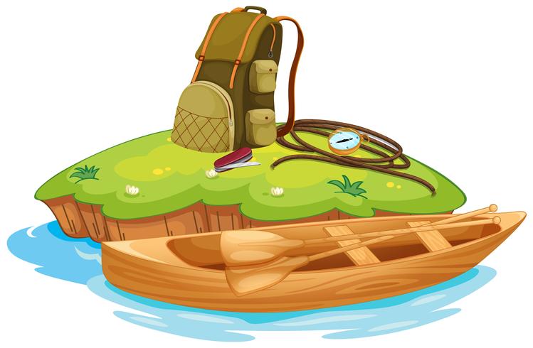 vaious objetos para acampar e uma canoa vetor